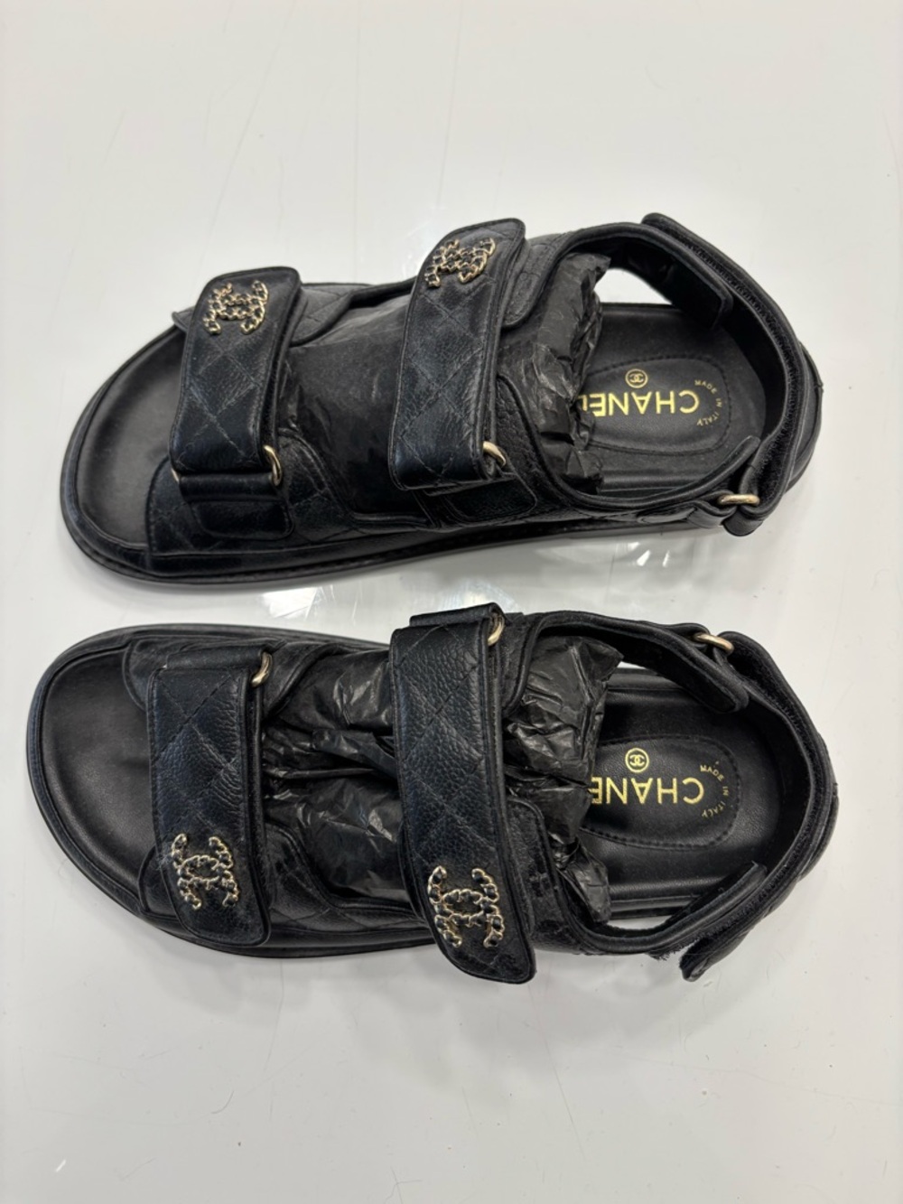 CHANEL Black Quilted Leather Double-Strap Sandals with Gold CC Logos - Picture 2 of 3